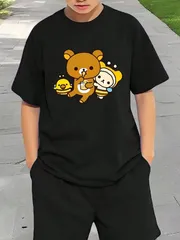 送料無料 ジュニア（トレーナー リラックマ ブラック）熱転写3Dプリント面白いTシャツ パロディ 子供服 男の子 女の子 小学生 中学生 半袖 夏「背面印刷可､備考必須」