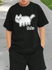 送料無料 ジュニア（ねこ neko 猫 ロシアンブルー 落書き猫 どうぶつ シンプル ポップ かわいい）熱転写3Dプリント面白いTシャツ パロディ 子供服 男の子 女の子 小学生 中学生 半袖 夏「背面印刷可､備考必須」