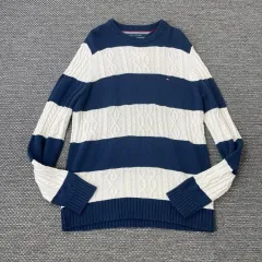 Tommy Hilfiger(トミーヒルフィガー) ネイビーホワイト ストライプ ケーブル編み コットン ロング ニット セーター