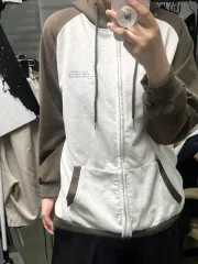 茶色 バイカラー ジップアップパーカー フード付き