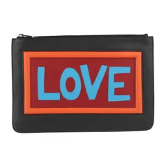 FENDI フェンディ ポーチ セカンドバッグ 7N0078 レザー ブラック マルチカラー シルバー金具  クラッチバッグ LOVE ロゴ 