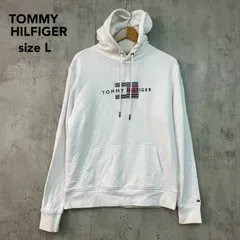 TOMMY HILFIGER トミーヒルフィガー ホワイト プルオーバー パーカー オーガニックコットン フーディー ロゴ プリント 長袖 スウェット トレーナー トップス カジュアル シンプル ストリート Lサイズ ★ ◆■