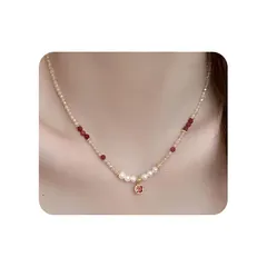 【新品】 [TALONIA] S925 ネックレス レディース スクエア 正方形 レッド水晶 天然石 淡水パール 真珠 貝パール 枠留め 調整可能 金属アレルギー対応 誕生日プレゼント ギフト 0