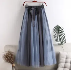 【ブルーグレー】チュールスカート レディース ロングスカート ロング フレアスカート ウエストゴム ふんわり 大人かわいい 体型カバー 配色 大人 可愛い 春 夏