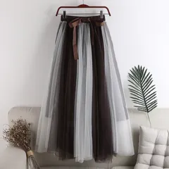 【カーキホワイト】チュールスカート レディース ロングスカート ロング フレアスカート ウエストゴム ふんわり 大人かわいい 体型カバー 配色 大人 可愛い 春 夏