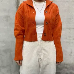 パフ 袖 ボタン ニット カーディガン F