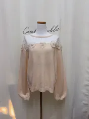 JPN 日本 ヴィンテージ フラワー レース パール シースルー バルーンスリーブ ニット