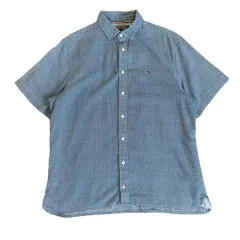 Tommy Hilfiger(トミーヒルフィガー) ネイビー パターン コットン リネン 半袖 シャツ L