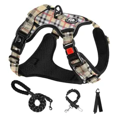 NESTROAD 犬 ハーネス 犬用胴輪 調節可能 夜間反射 小型犬/中型犬/大型犬 通気性 メッシュ 歩行補助 散歩 しつけ用 軽量 安全 おしゃれ 引っ張り防止 ドッグ 訓練 柴犬 秋田犬 犬のはーねす (ベージュ+格子, XS)