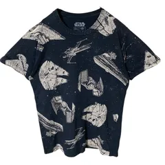 M スターウォーズ ビッグプリント 総柄 映画 乗り物 キャラT ブラック 黒 Tシャツ レディース ユニセックス メンズ 古着 半袖 CHM