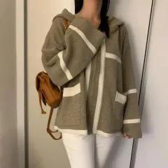 バイカラー ライン ウール ニット ジップアップパーカー フード付き