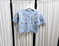 花刺繍 青 半袖 ニット 新品
