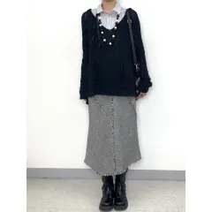 日本 ヴィンテージ グレー ウール59% ロング スカート