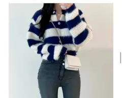 ボーダー柄 アンゴラ カーディガン