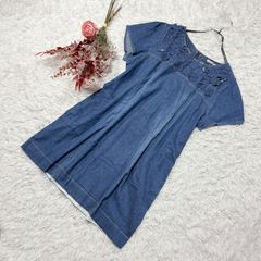 ローズティアラ デニムワンピース チュニック 花柄 刺繍 切り替え 大きいサイズ 【46】