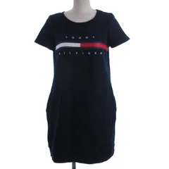 トミーヒルフィガー TOMMY HILFIGER ロゴ スウェット ワンピース 半袖 ひざ丈 刺繍 裏起毛 ネイビー M ■EC
