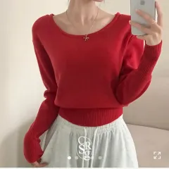 ラウンドネック クロップド ニット レッド