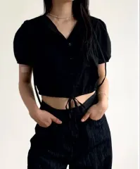 ボタン シャーリング コットン 半袖 パフ ブラウス