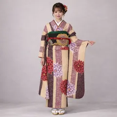 ⑬振袖 成人式 ベージュ 菊柄 古典柄 振袖7点セット フルセット レトロ振袖 大人可愛い振袖 前撮り 和装 フォト撮影 中古振袖 Mサイズ