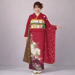 ⑦振袖 成人式 赤 桜柄 古典柄 振袖7点セット フルセット 可愛い振袖 大人振袖 前撮り 和装 フォト撮影 中古振袖 Lサイズ