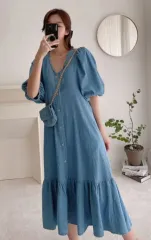 JY ー 400 サマーデニムドレス フリルデニムドレス ボタンデニムロングドレス vネックワンピース