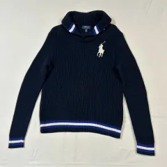 M) ポロ ラルフローレン ビックポニー ショールカラー コットン ニット ネイビー