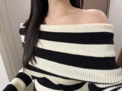 (新品) デートコーデ レディースコーデ / オフショルダー ストライプ ゴージ ニット