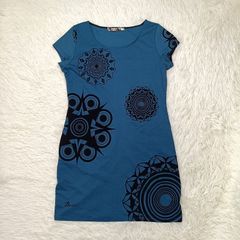 良品 Desigual デシグアル 半袖ワンピース XL グリーン系 タイト ミニドレス 大きいサイズ 伸縮性あり レディース ブランド