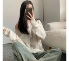 ルーズフィット 長袖 リップネック オフショルダー ニット