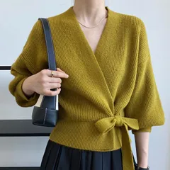 新品 ニットトップス レディース Vネック パフスリーブ バルーン袖 ウエストリボン トップス 無地 ゆったり 長袖 秋物 ニット セーター ニットソー mlwjq