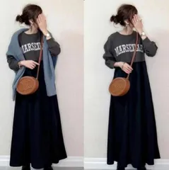 新品 ロングワンピース  マキシ カット プリント 長袖 ロゴ クルーネック レディース ゆったり 切り替え おしゃれ お洒落 きれいめ カジュアル  コーデ かわいい mldep