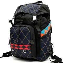 美品 PRADA プラダ 1BZ039 キルティング パッチワーク リュックサック バックパック ナイロン ネイビー ブラック マルチカラー A4収納 軽量 幾何学模様 旅行 通勤 通学 メンズ レディース ユニセックス 希少