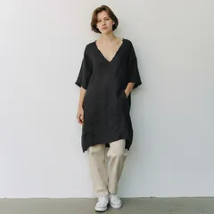 スローブイエナ 麻100% 黒ワンピース Vネック ゆったり 切りっぱなし 体型カバー 春夏のサムネイル