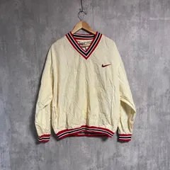 激レア 90s NIKE 白タグ プルオーバー ナイロンジャケット L ビッグスウッシュ 背面ロゴ 刺繍 ナイキ Vネック ピステ ウインドブレーカー アイボリー 生成り 赤 紺 ヴィンテージ ビンテージ 菅田将暉 ゆるだぼ オーバーサイズ ストリート