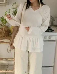 裏起毛 Vネック フリル 長袖 Tシャツ