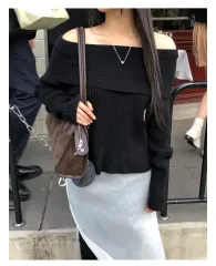 もっと丸い) ルイス・ビーン ヘアリー リブ オフショルダーニット ( Black )