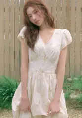 LENINA パフスリーブ エンブロイダードドレス クリーム Minou