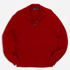 POLO RALPH LAUREN(ポロラルフローレン) ハーフジップアップ コットン ニット セーター レッド ー 0237