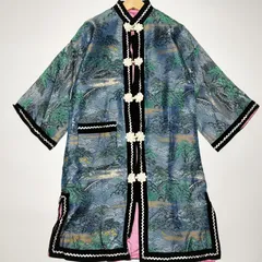希少【vintage】ヴィンテージ チャイナガウン マンダリン FREE フリー ブルー グリーン シルバー 金刺繍 サイドスリット シルク ロング