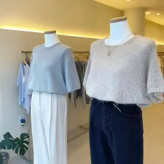 ムード ヘアリー 半袖 ニット (ライトグレー)