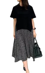 【特価セール】【1/2style】水玉 シフォン 切り替え 半袖 ドッキング カットソーワンピース 大人 チュニック レディース