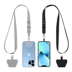 [CACOE] スマホストラップ 太め 2本入り ネックストラップ 幅広2cm 長さ調節可能 パッチ 2枚入り 斜めがけ首掛け肩掛け iPhone/Android 全機種対応 落下防止 両手解放 散歩 通勤 旅行用 グレー ブラック