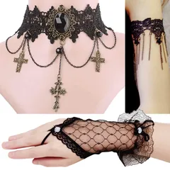 ゴスロリ チョーカー 3点セット 十字架 レース 手袋 ブレスレット セット ゴシックロリータ 耽美主義 アリカ