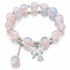 ブレスレット レディース カラフル ガラスビーズ 蝶々 チャーム付き 手作り ファッションアクセサリー 誕生日プレゼント おしゃれ (pink)