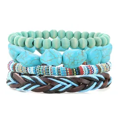 HZMAN 男女通用ターコイズブレスレット ボヘミアン民族風手編みロープ 夏のビーチサーフ用リストバンド 巻き付け式ブレスレット ジュエリーギフト