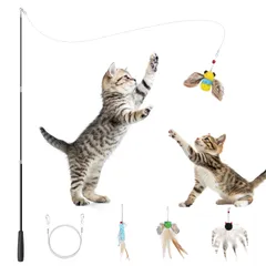猫じゃらし 伸縮 Pawaboo 替え羽4種類 人造羽 猫おもちゃ 室内遊び 室内猫 暇つぶし 運動 健康管理 ストレス解消 子猫 成猫 遊び 狩猟本能 くすぐる 長い 安心安全 軽量 飼い主も楽々 猫チュール 猫じゃれ ペット用 Aセット