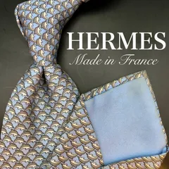 【美品】HERMES ネクタイ 総柄 ライトブルー 水色 ブランドロゴ イルカ