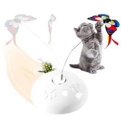 MAGHUNT【最新型・3in1 猫じゃらし・電動】 猫 おもちゃ 猫 玩具 一人遊び USB充電式 自動 LEDライト付き 羽根 蝶々 猫用 ねこ ランキング 人気 飽きない 天然素材 室内 寂しさ解消 ストレス解消 運動不足対策 (ホワイト)