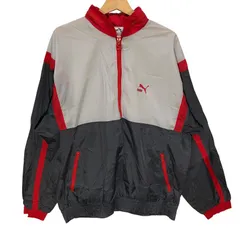 80~90's vintage 80~90年代ヴィンテージ PUMA プーマ ハーフジップ プルオーバー ナイロンジャケット スポーツ フード収納 ワンポイント刺繍 オーバーサイズ トラックジャケット Thailand製 XLサイズ グレー レッド