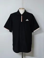 100)アディダス 3本線 半袖 ハーフジップ Tシャツ
